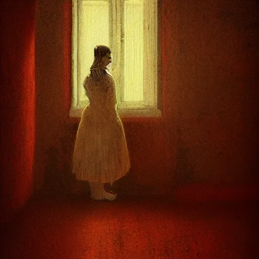 Prompt: an elegant girl in a liminal abandoned room, red and gold, old polaroid by goya, by leonardo, digital painting, jugendstil, art noveau, strong lights, flat colors, pastel colors, octane render, 8 k