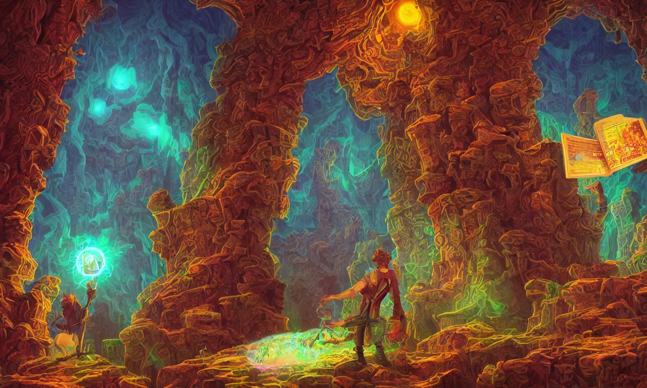 Image similar to large kerberos realm, wizard issues ticket close up, reading a directory, colorful ravine, 3 d art, digital illustration, perfect lighting