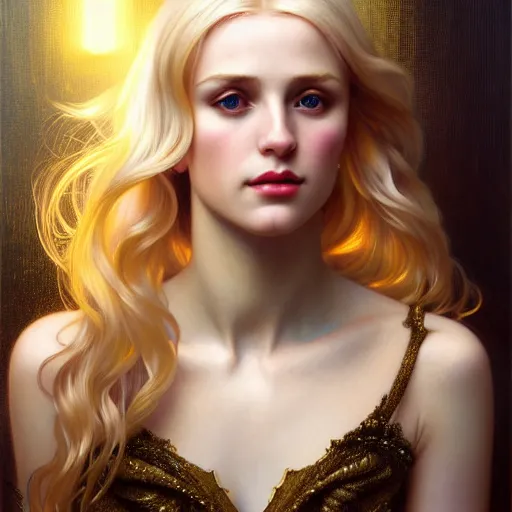 Image similar to portrait of a blonde girl surrounded by shimmering reflective, face, fantasy, intricate, elegant, dramatic lighting, highly detailed, lifelike, photorealistic, digital painting, artstation, concept art, smooth, sharp focus, illustration, art by John Collier and Krenz Cushart and Artem Demura and Alphonse Mucha and and Albert Aublet