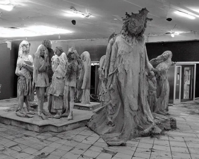 Prompt: camera footage of a several weeping angels, False Human Features, in an abandoned shopping mall, Psychic Mind flayer, Terrifying, Insanity :7 , high exposure, dark, monochrome, camera, grainy, CCTV, security camera footage, timestamp, zoomed in, Feral, fish-eye lens, Fast, Radiation Mutated, Nightmare Fuel, Ancient Evil, No Escape, Motion Blur, horrifying, lunging at camera :4 bloody dead body, blood on floors, windows and walls :5