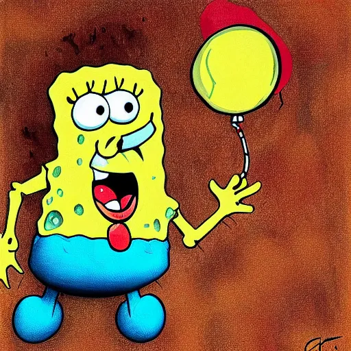 Image similar to grunge painting of spongebob with a wide smile and a red balloon by chris leib, loony toons style, pennywise style, corpse bride style, horror theme, detailed, elegant, intricate