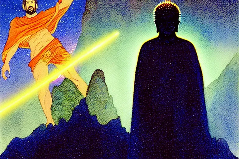 Image similar to a hyperrealist watercolour character concept art portrait of a hologram of space jesus at night in las vegas, nevada. a mysterious cloaked figure in the background. lasers shoot from behind a mountain. buddha hologram. by rebecca guay, michael kaluta, charles vess and jean moebius giraud