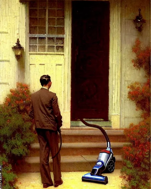 Image similar to handsome man selling vacuum cleaners door to door in a suburban neighborhood 1 9 3 2, melancholy, nostalgia, painting by gaston bussiere, craig mullins, j. c. leyendecker