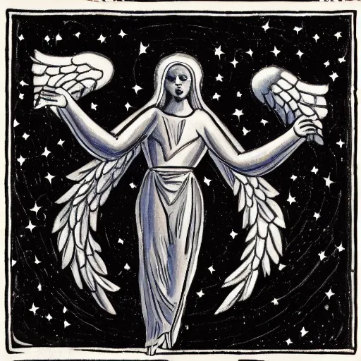 Prompt: a faceless cosmic angel on a dark sky surrounded by stars with worshipers at it's feet on the earth