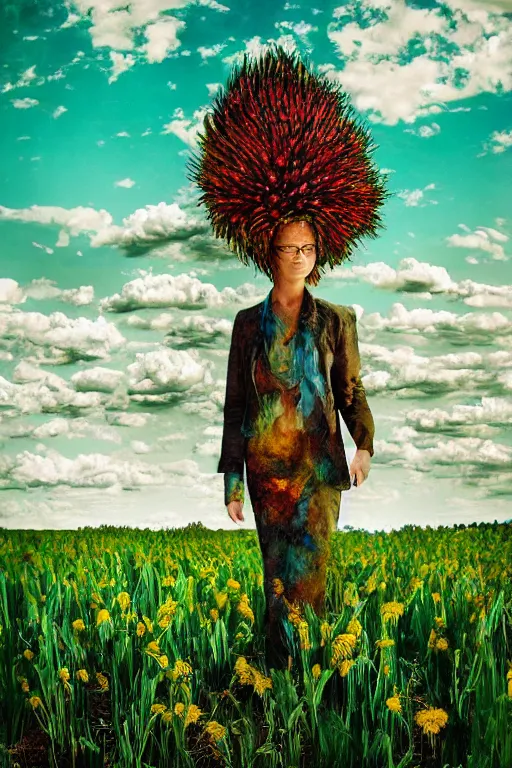 Prompt: giant corn flower head, girl walking in a decaying walter white themed flower field, surreal photography, dead body, dramatic light, impressionist painting, colorful clouds, digital painting, walter white, uncanny valley