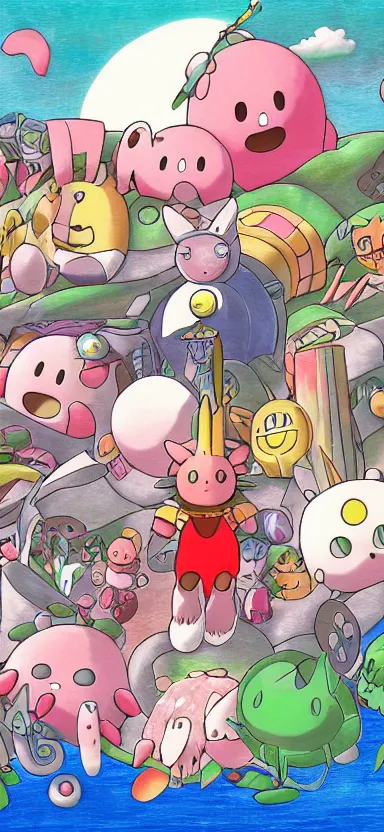 Prompt: detailed digital painting by studio ghibli of kirby and friends