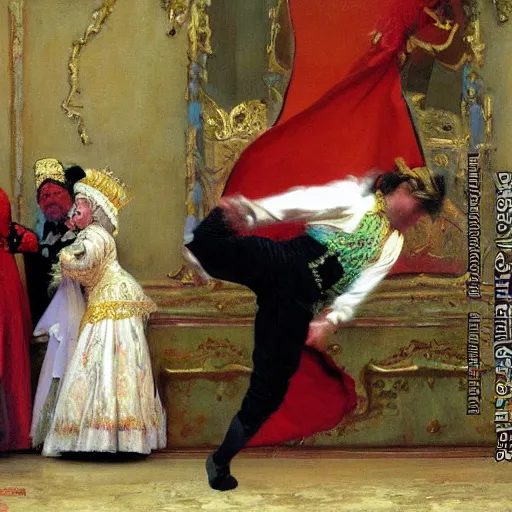 Prompt: a court jester break dancing while the queen watches in confusion and dismay. 85mm Ilya Repin, WLOP