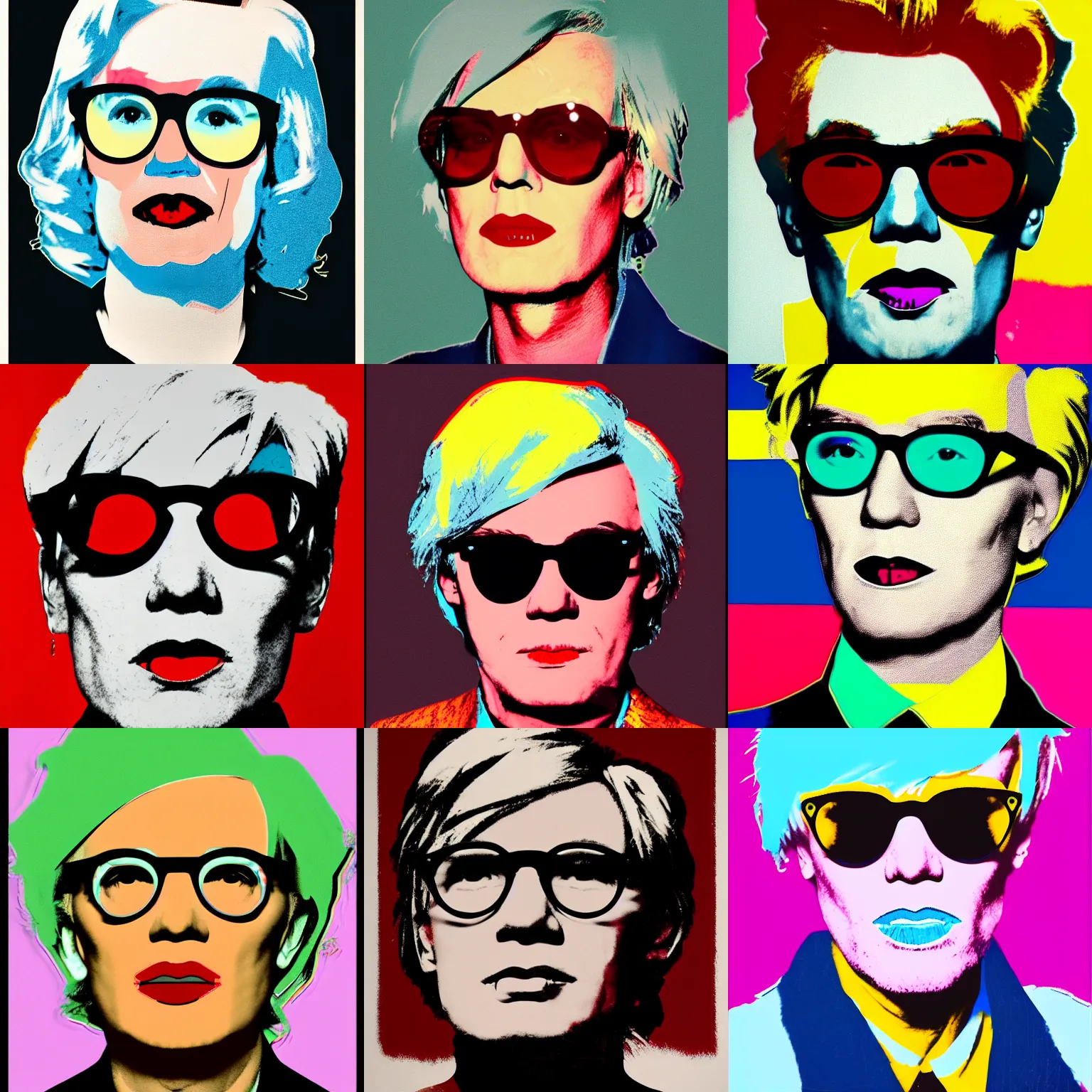 Prompt: colour portrait of absolutely livid andy warhol aged 40 looking sternly straight into the camera and wearing designer sun glasses, in the style of andy warhol, high quality, trending on artstation, hd