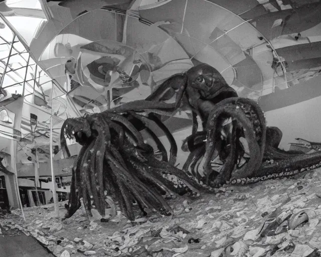 Image similar to camera footage of a extremely aggressive Giant mutated Octopus with glowing white eyes in an abandoned shopping mall, Psychic Mind flayer, Terrifying :7 , high exposure, dark, monochrome, camera, grainy, CCTV, security camera footage, timestamp, zoomed in, Feral, fish-eye lens, Fast, Radiation Mutated, Nightmare Fuel, Wolf, Evil, Bite, Motion Blur, horrifying, lunging at camera :4 bloody dead body, blood on floors, windows and walls :5