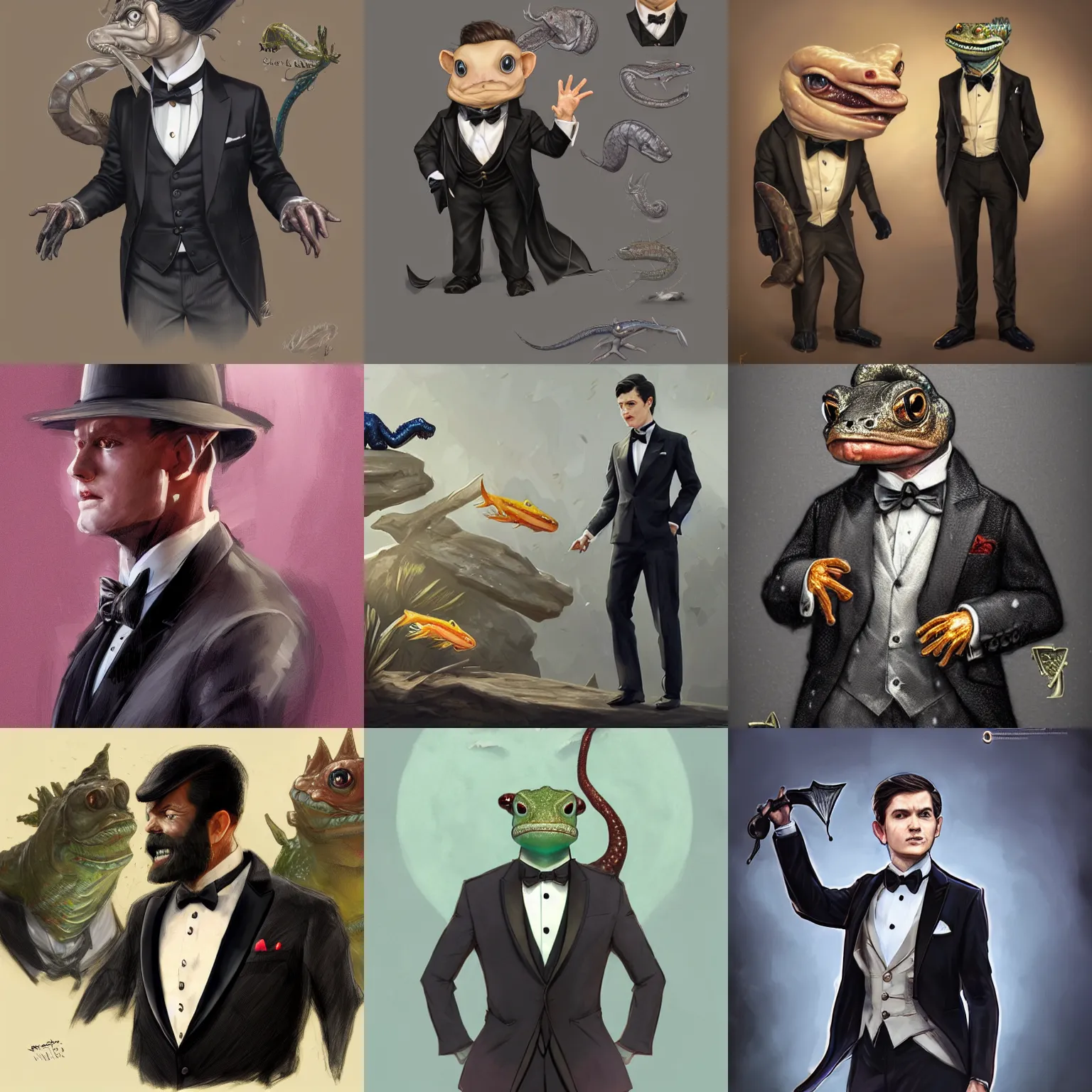 Prompt: salamander in a tuxedo, sir newt in a suit, highly detailed, d & d, fantasy, highly detailed, digital painting, trending on artstation, concept art, sharp focus, illustration, global illumination, shaded, art by artgerm and greg rutkowski and fuji choko and viktoria gavrilenko and hoang lap