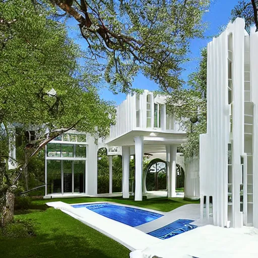 Image similar to evolving fractal, flowing white architectural Villa, futuristic 3D, voronoi pattern of a timber-frame pool pavilion with magnolias on the roof has its own guest entry and distinct areas for cooking, dining, and relaxing, the dining rotunda has a built-in pizza oven and a custom-designed table to accommodate eight to 16 people, the center section of the structure features the kitchen and bar, the lounge rotunda provides a covered seating area located adjacent to the fireplace, the pavilion’s ceiling has a floral motif that mimics a magnolia tree near the pool slide, sun rays through the pavilion structure, lush botanical trees, prairie landscaping, sunrise, golden hour, illuminated pool, fluffy clouds