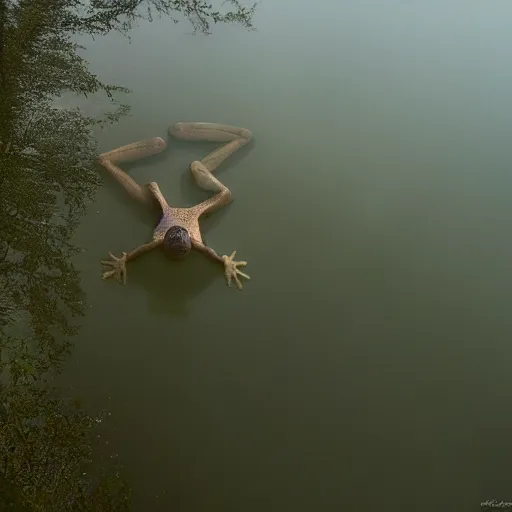 Image similar to semitranslucent smiling frog amphibian floating upside down over misty lake in Jesus Christ pose, cinematic shot by Andrei Tarkovsky, paranormal, spiritual, mystical