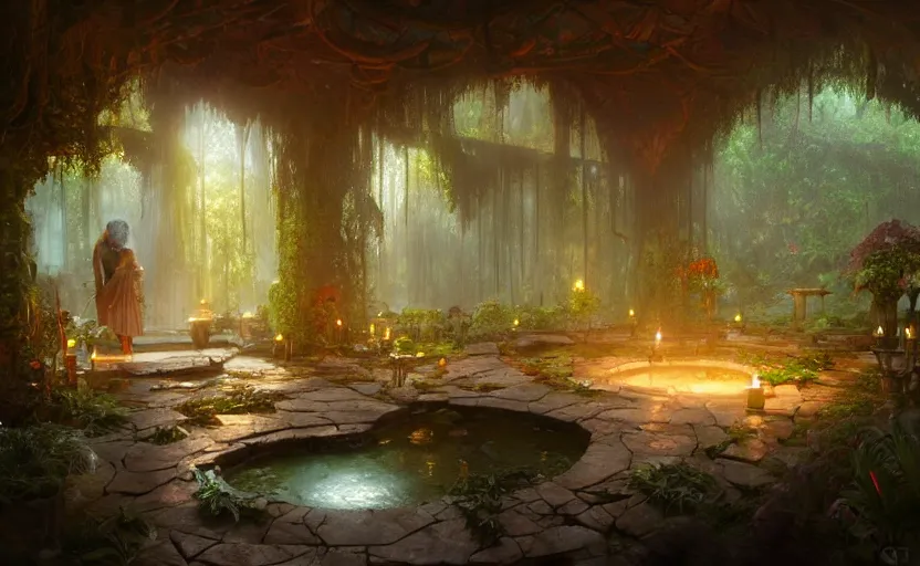 Prompt: painting of an interior of an elven hot spring with candles, natural light, fantasy, lush plants and flowers, natural light, concept art, by greg rutkowski and craig mullins, cozy atmospheric and cinematic lighting, trending on artstation