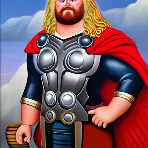 Prompt: Fernando Botero painting of Thor from MCU, high definition art, extremely detailed