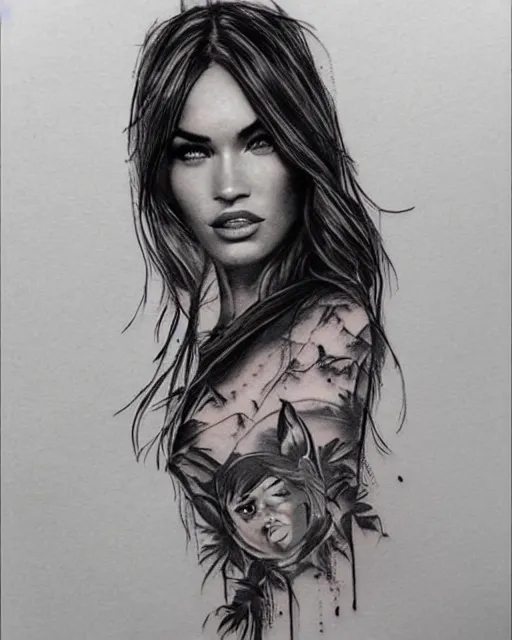 Image similar to double exposure effect tattoo sketch of a megan fox portrait blended with beautiful mountain scenery, surreal, in the style of matteo pasqualin, amazing detail, sharp