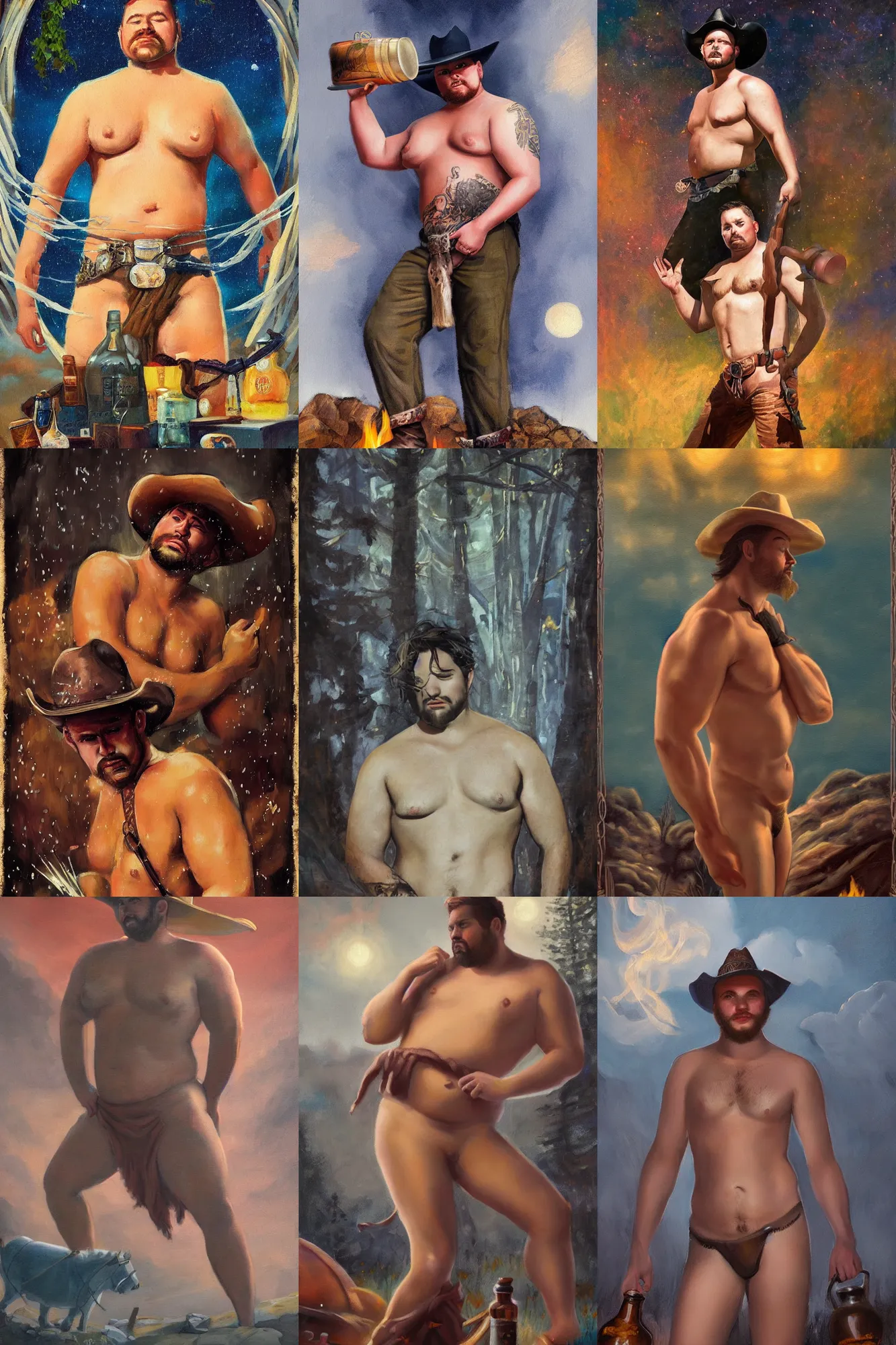 Prompt: an ethereal dramatic painting of a shirtless handsome! chubby mischievous cowboy | background is a dark night with a serene campfire | tin cans and jugs of whisky | tarot card, art deco, art nouveau | by Mark Maggiori | trending on artstation