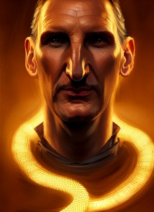 Image similar to stylized portrait of christopher eccleston, intricate, elegant, glowing lights, highly detailed, digital painting, artstation, concept art, smooth, sharp focus, illustration, art by wlop, mars ravelo and greg rutkowski