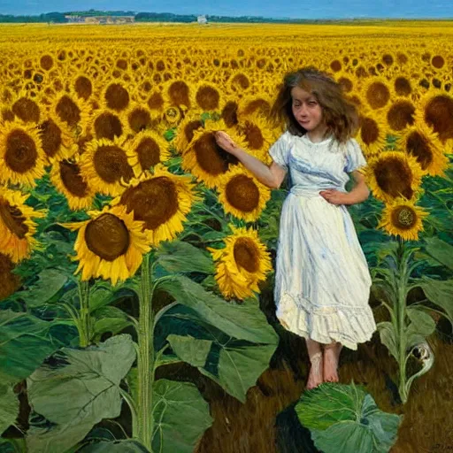 Image similar to a girl in amazing tall sunflower field, her hair flowing down, subtle, intricate details, real masterpiece, oil on canvas, by stanhope forbes, lucian freud