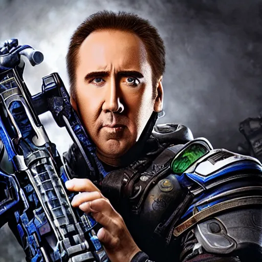 Image similar to Nicolas Cage wearing Powered Combat Suit in Starcraft, promo shoot, studio lighting