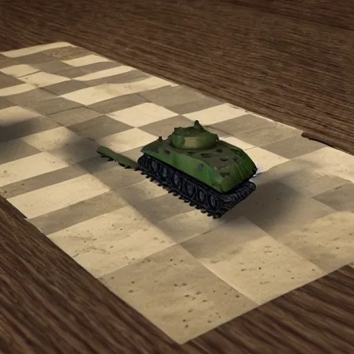Image similar to 3d render of miniature tank driving over chessboard