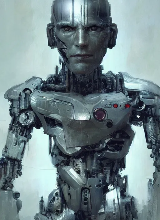 Image similar to cyborg, borg, android, strogg, face of a man, body of a robot, droid from a video game, concept art by ruan jia