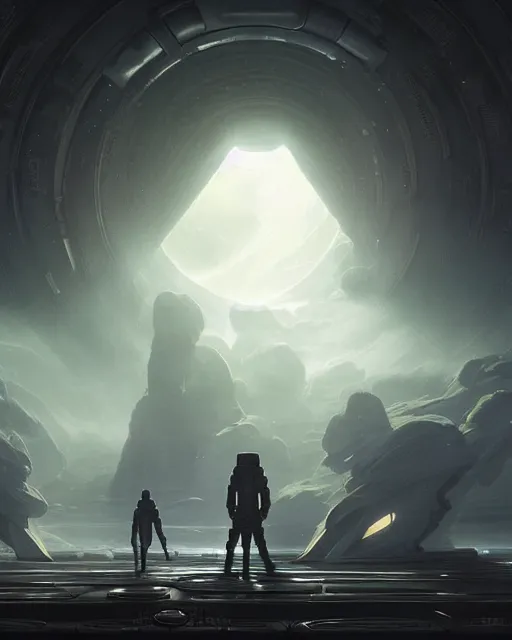 Image similar to A matted painting of humanoid Aliens of the Sun on a spaceship environment with expansive views of space, inspired by greg rutkowski and Keith Mallett and felix kelly, digital art, insanely detailed extremely moody lighting, glowing light and shadow, atmospheric, shadowy, cinematic