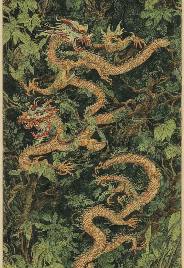 Image similar to vintage chinese dragon in a tropical forest, john james audubon, intaglio, 8 k resolution