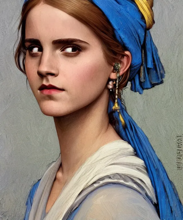 Image similar to Emma Watson as the girl with the pearl earring, highly detailed, digital painting, artstation, concept art, smooth, sharp focus, illustration, ArtStation, art by artgerm and greg rutkowski and alphonse mucha and J. C. Leyendecker and Edmund Blair Leighton and Katsuhiro Otomo and Geof Darrow and Phil hale and Ashley wood and Ilya repin and Charlie Bowater