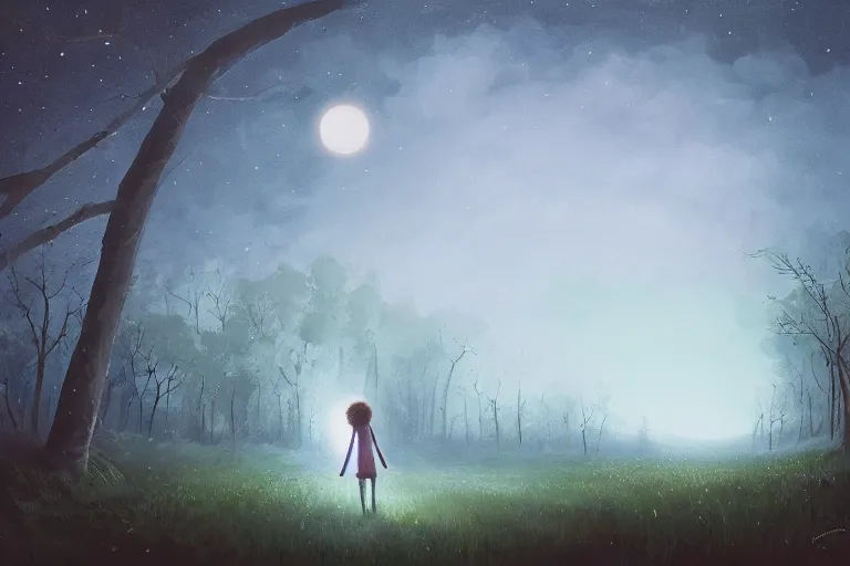 Image similar to giant white daisy flower head, girl walking in dark forest, surreal photography, dark night, stars, moon light, impressionist painting, clouds, digital painting, artstation, simon stalenhag