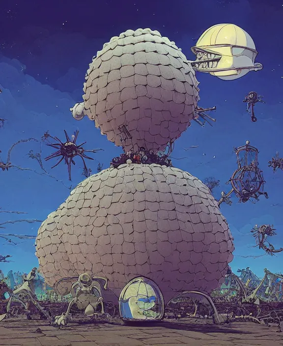 Prompt: inflated church made from obese urchin mollusks, in the style of a puffy spaceship, skeletons, bones, partly cloudy, spooky, dramatic lighting, by geof darrow, bill sienkiewicz, dan mumford, yusuke murata, makoto shinkai, ross tran, cinematic, unreal engine, cel shaded, featured on artstation, pixiv