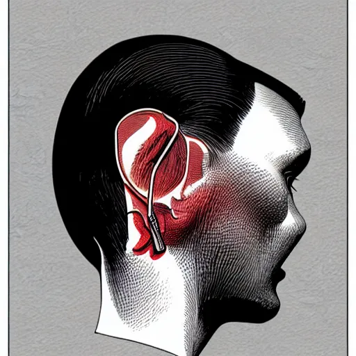 Prompt: stipple shaded illustration of a human ear by ilya kuvshinov, anatomy book, retro flat colors, retrofuturism