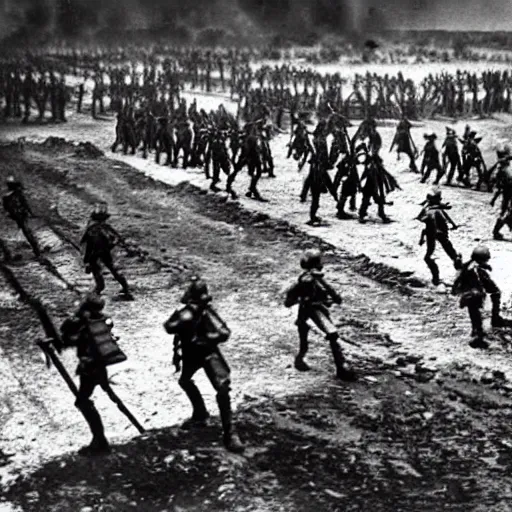 Image similar to martian invasion, world war 1, black and white photograph