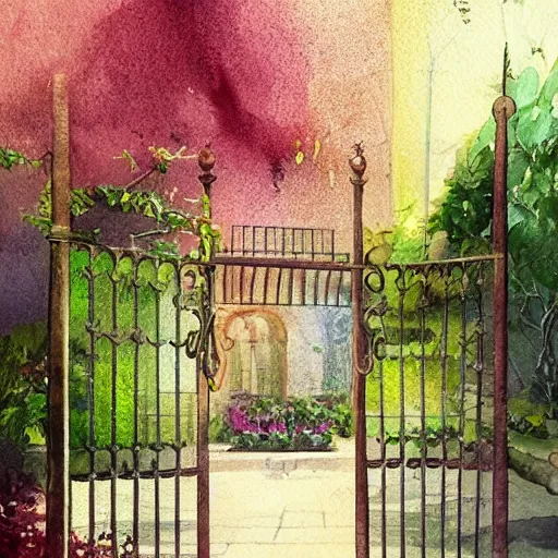 Prompt: delicate, chairs, garden, paved, botanic watercolors, iridescent, 8 k, realistic shaded, fine details, artstation, italian, iron gate, tree, mediterranean, mage