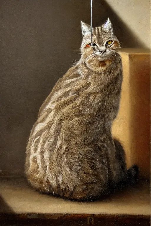 Prompt: a portrait shot of a Pallas's Cat smoking a cigarette on a balcony, French style, highly detailed, oil on canvas, 8k resolution, A Painting by Rembrandt