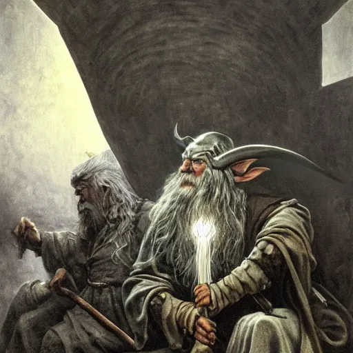 Image similar to the evil ian mckellen smithing on an anvil as gandalf in a dark viking hood playing odin all father crafting the bright sphere of life on an anvil, highly detailed, cinematic shot, cinematic lighting, 8 k, exquisit facial detail, colored painting by gustave dore and artemisia gentileschi, chiaroscuro, dark painting.