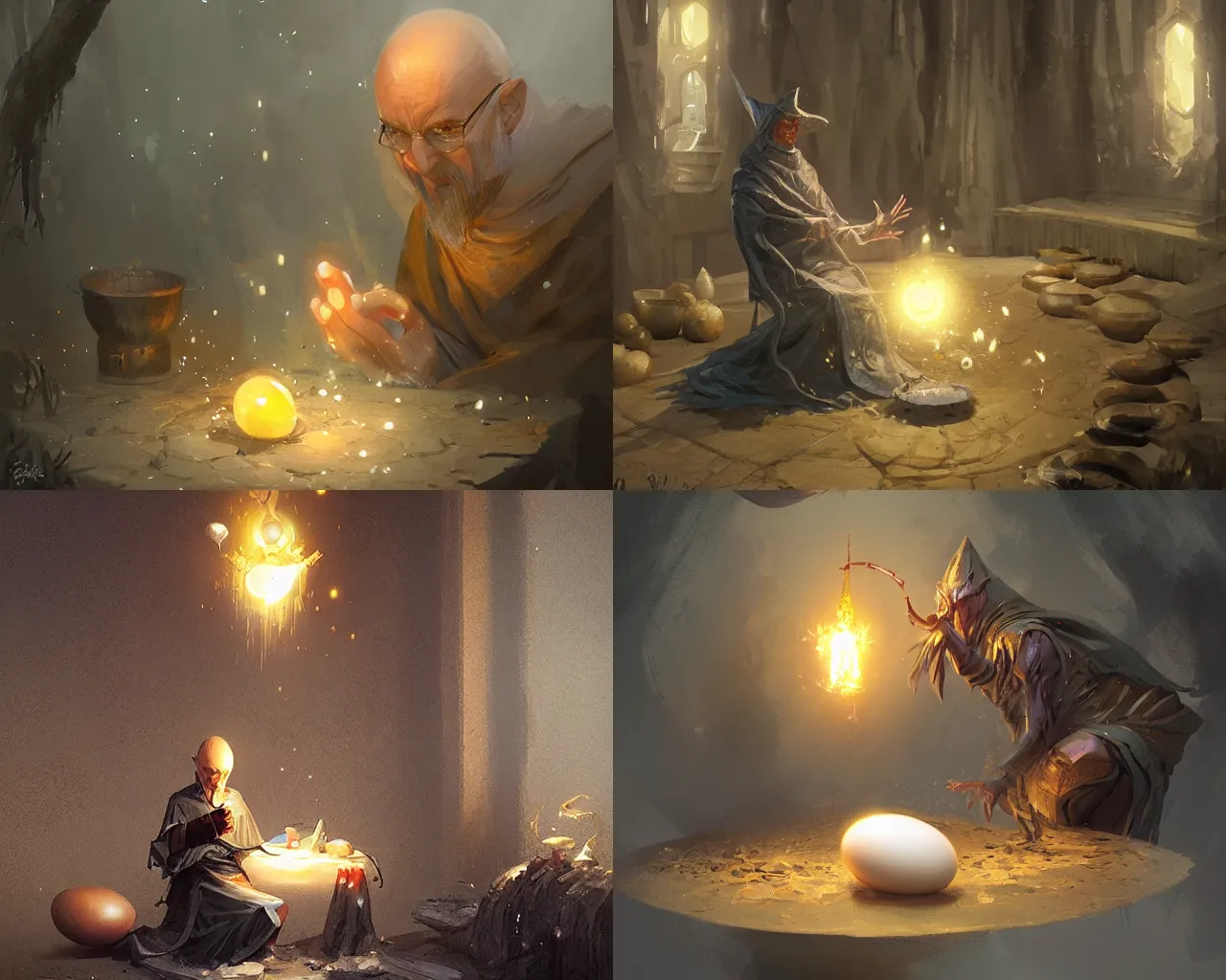Prompt: pensive wizard examing eggs by greg rutkowski