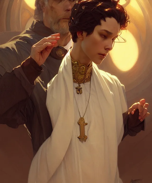 Image similar to a bad preacher, a suspicious priest, portrait, intricate, elegant, highly detailed, digital painting, artstation, concept art, smooth, sharp focus, illustration, art by artgerm and greg rutkowski and alphonse mucha