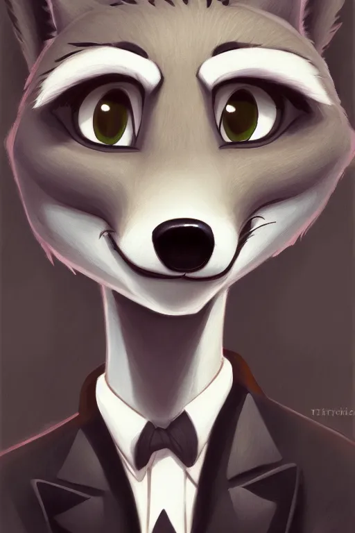 Image similar to oil painting of anthromorphic female wolf, in style of zootopia, female fursona, furry, furaffinity, 4 k, deviantart, furry art, fursona art, wearing black business suit, business suit, wolf fursona, female, very expressive detailed feminine face,