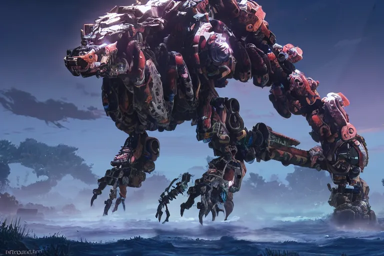 Image similar to clamberjaw machine mecha animal beast robot of horizon forbidden west horizon zero dawn bioluminiscence global illumination ray tracing hdr fanart arstation by sung choi and eric pfeiffer and gabriel garza and casper konefal