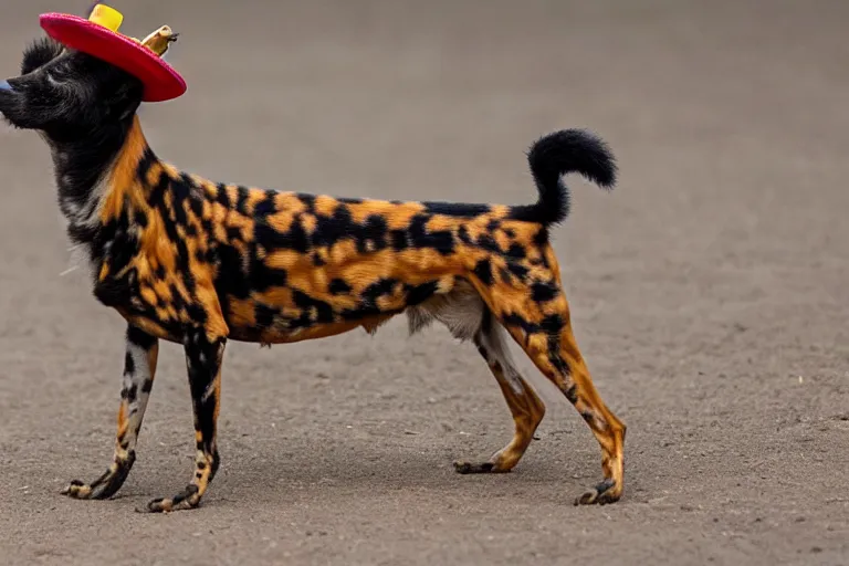 Image similar to A photo of the world's greatest showman: the african painted dog dressed in a hat!