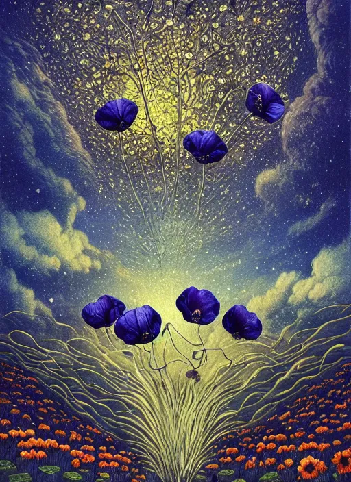 Image similar to detailed, intricate blue black and purple papaverum flower on the field, nebula, galaxy in the sky, winning award masterpiece, fantastically beautiful, illustration, aestheticly inspired, jacek yerka, upscale with anguissola sofonisba work, artstation, 8 k