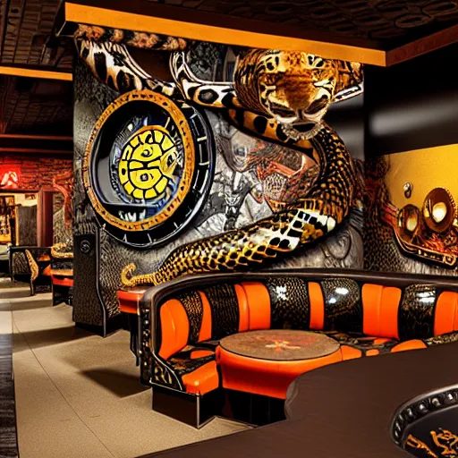 Image similar to interior view of a clockwork steampunk snakeprint temple, rolex alien golf course liminal space, buffalo wild wings las vegas temple interior liminal space, cowboy leopard with snake boots from tekken