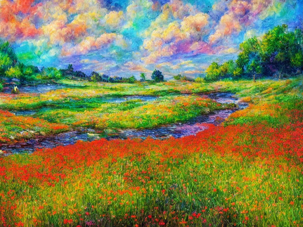 Image similar to an impressionist painting of a gorgeous meadow filled with colorful mushrooms with a stream flowing through it, psychedelic colors, colorful sky in background, high detail, trending on artstation