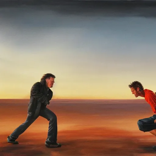 Prompt: portrait of Sean Penn and Mickey Rourke boxing in a post-apocalyptic landscape, sunrise, oil, very high detail