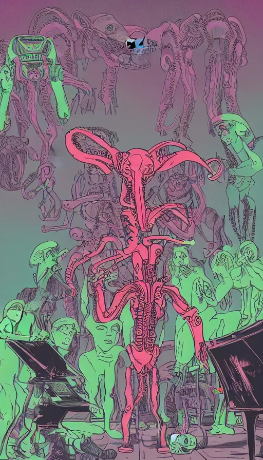 Prompt: a xenomorphic pink and green cyborg elephant playing piano in the middle of a liminal satanic landscape, a crowd of blue necromancers watching the show