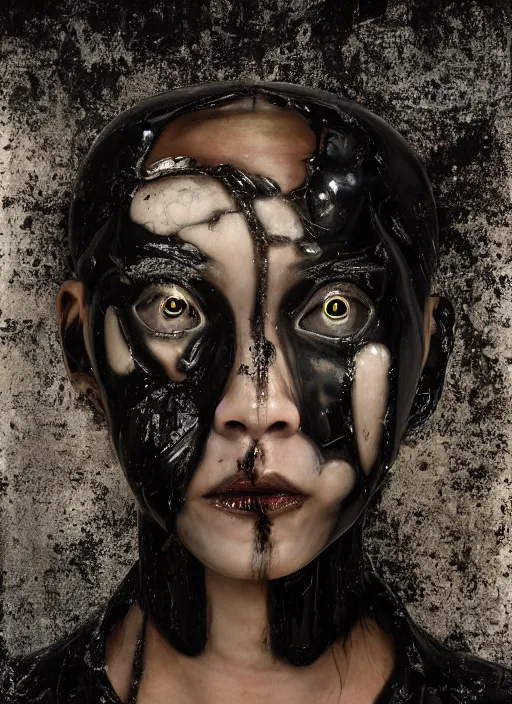 Image similar to portrait of a futuristic geisha cyborg crying black tears made from thick black oil, in the style of ghost in the shell, kintsugi, modern fine art, fractal, intricate, elegant, highly detailed, digital photography, subsurface scattering, by jheronimus bosch and greg rutkowski,