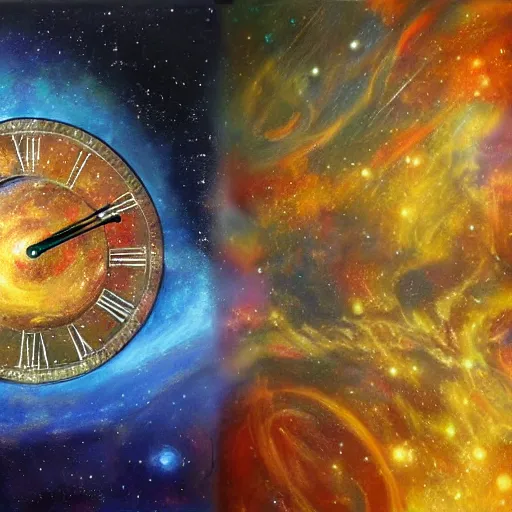 Prompt: A detailed and realistic painting of a cosmic clock with 8k resolution, in the artistic style of fantasy art