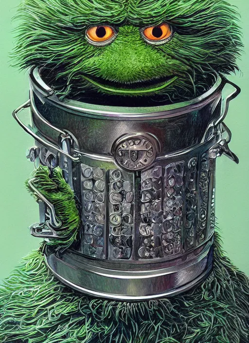 Image similar to portrait of Oscar The Grouch in Society (1989), intricate, highly detailed, centered, digital painting, artstation, concept art, smooth, sharp focus, illustration, artgerm, donato giancola, Joseph Christian Leyendecker, Les Edwards, Ed Repka, WLOP, Artgerm