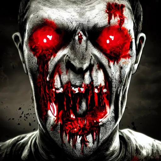 Image similar to angry zombie without eyes, full body portrait, empty bloody - black eyesockets, horror core, apocalyptic, feeling of grimdark, sharp focus, fiction, hyper detailed, digital art, trending in artstation, cinematic lighting, studio quality, smooth render, unreal engine 5 rendered, octane rendered, art style and nixeu and wlop and krenz cushart