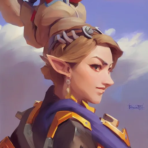 Image similar to greg manchess portrait of zelda as overwatch character, matte painting, bold shapes, hard edges, by huang guangjian, gil elvgren, sachin teng. in a beautiful landscape full of emotions, cgsociety masterpiece, artstation trending, by rossdraws, ghibli, kimi no na wa, greg rutkowski, simon stalberg, greg manchess